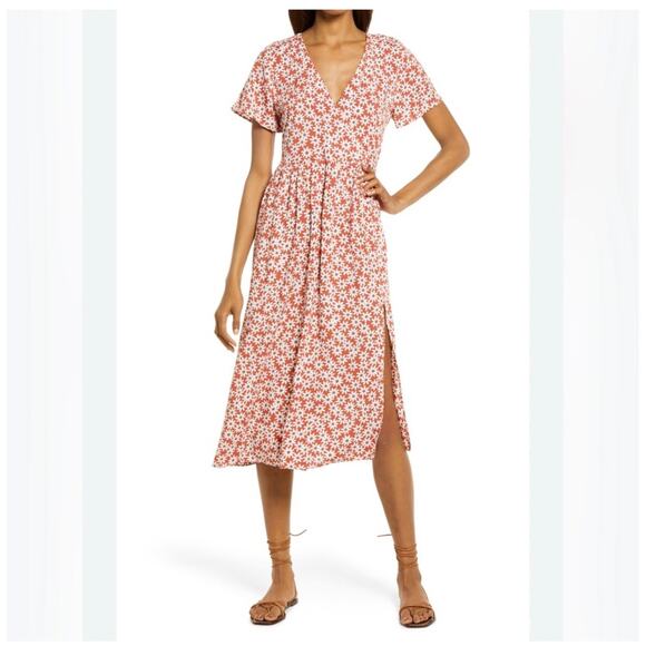 Madewell Clara Midi Dress Falling Daisies Surplice Short Sleeve Orange Sz XXL - Picture 4 of 13